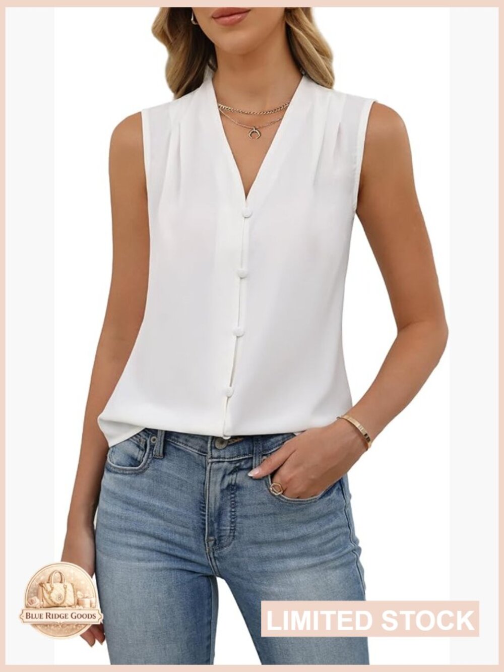 Sleeveless V-Neck Button Front Blouse - White